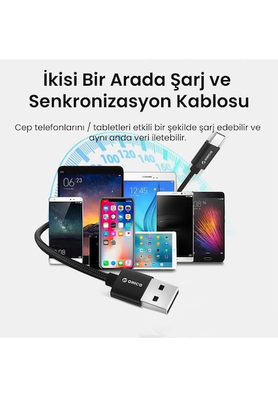 Orıco Usb To Type-c 3a Örgülü Data Ve Şarj Kablosu 1 Metre Siyah