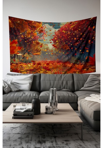 Sonbahar Yaprakları Desenli Duvar Halısı Duvar Örtüsü Tapestry Süet Dokulu Kumaş