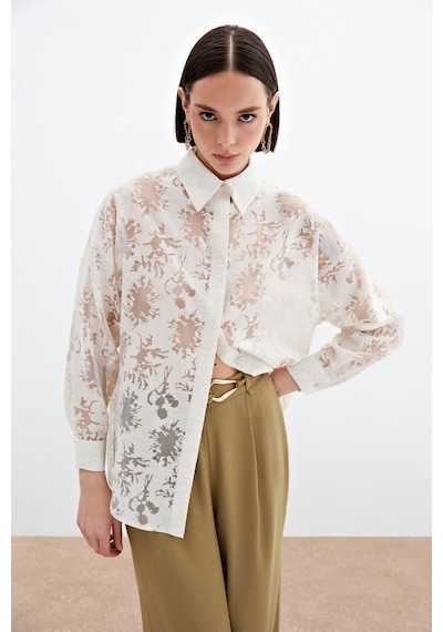 Sateen Kendinden Desenli Salaş Gömlek - Krem-136059 Krem