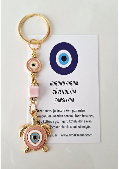 Hediyelik Nazar Boncuklu Şeker Pembe Şans Kaplumbağa Anahtarlık 10,5 Cm