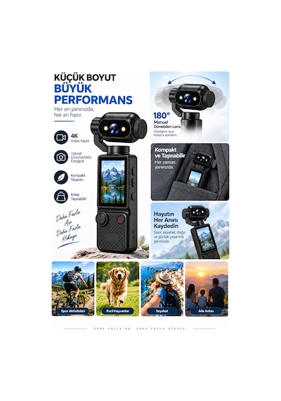 4k Ultra Hd Aksiyon Kamerası 180 Dönen Lens Spor Seyahat Vlog Ve Günlük Kullanım Kamerası Siyah