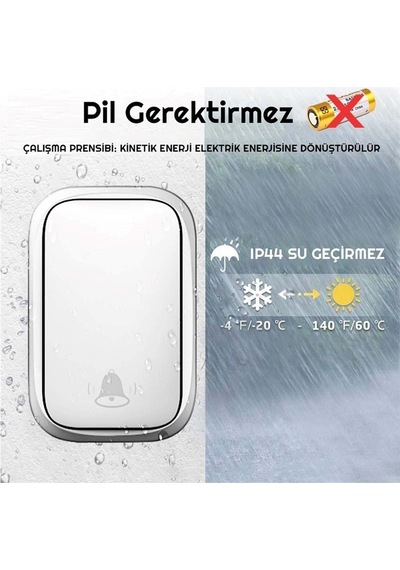 Plentiful Su Geçirmez Kablosuz Kapı Zili Pil Gerektirmez Beyaz 150metre
