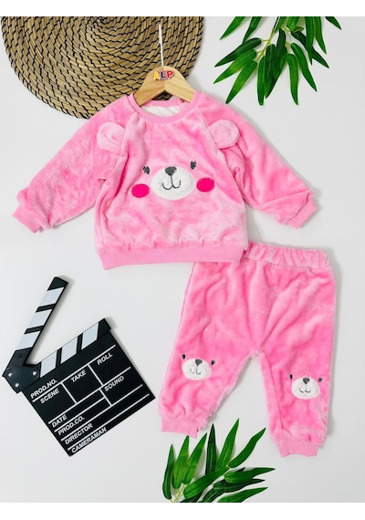 Alpbebe Cute Bear Suratlı Omuzdan Çıtçıtlı Welsoft İçi Astarlı 2 Parça Takım Pembe