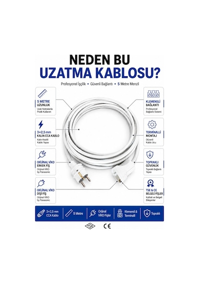 Viko Seyyar Uzatma Kablosu 5 Metre 3x2.5 Mm Cca Kablo Viko Erkek Dişi Fiş Klemensli Terminalli Topraklı Tse Ce Belgeli 5 M