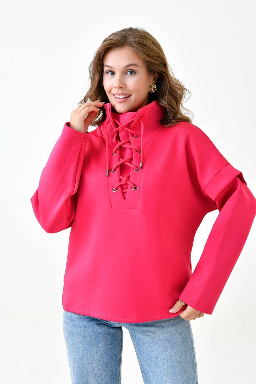 Kadın Yakası Bağcıklı Scuba Oversize Spor Şık Tasarım Sweatshirt Fuşya