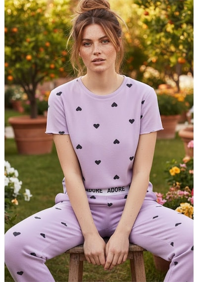 Siyah İnci Lastikli Fitilli Kaşkorse Örme Pijama Takım 26120601 Lila