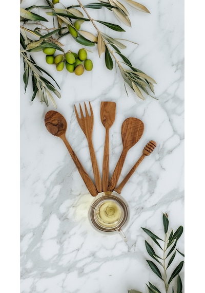 Zeytin Ağacı 5 Parça Ahşap Mutfak Seti, Tahta Kaşık, Çatal, Spatula, Bal Kaşığı El Yapımı