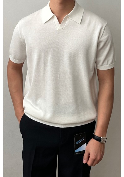 Cool Tarz Erkek Beyaz Patlı Kısa Kollu Polo Yaka Triko T-shirt Beyaz Beyaz