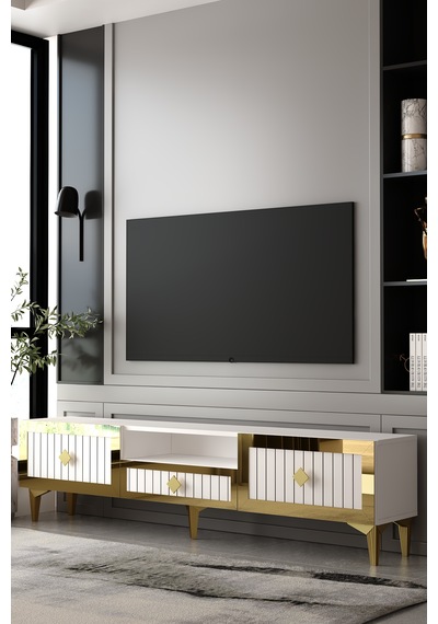 Serano Tv Sehpası Tv Ünitesi Beyaz - Altın