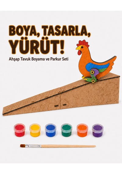 Çocuk Ahşap Hareketli Tavuk Boyama Seti 6 Renk Boya, Fırça Ve Kolay Montaj Parkuru