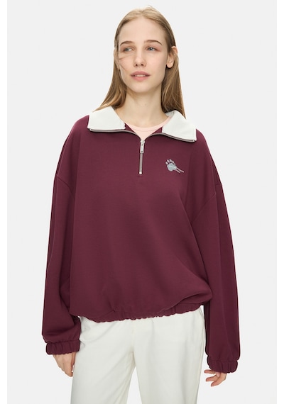 Ucla Yoko Bordo Fermuarlı Baskılı Oversize Fit Kadın Sweatshirt Bordo