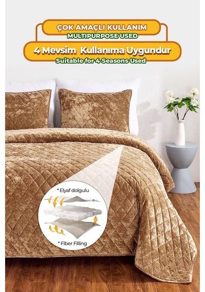 Evlen Home Kapitone Kadife Yatak Örtüsü Seti Çift Kişilik Supersoft 3 Parça Yumuşak Elyaf Dolgulu Kahve Kahverengi