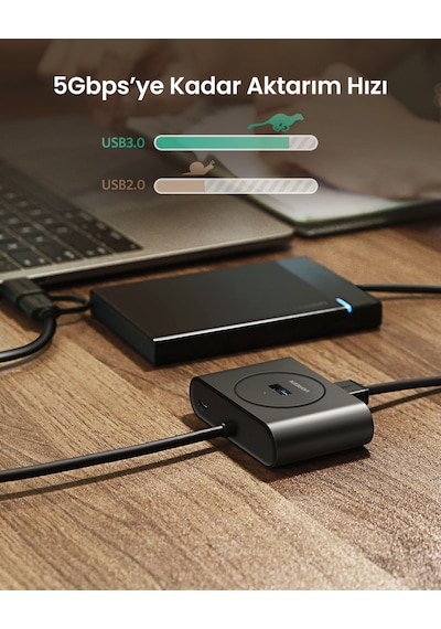 Ugreen Usb A/usb C To 4 Port Usb 3.0 Hub Çoklayıcı Siyah 1 Metre, 40850