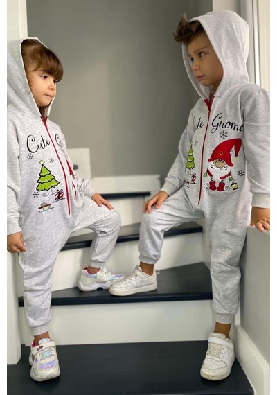 Riccotarz Kız Erkek Bebek Üzerinde Noel Baba Ve Ağaç Önü Fermuarlı Kapüşonlu Gri Tulum Gri
