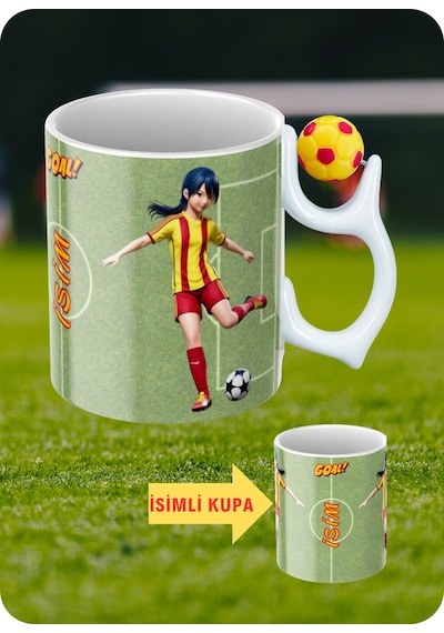 Sarı Kırmızı Futbol Toplu Sarı Kırmızı Forma Kadın Futbolcu Taraftar İsimli Baskılı Kupa Bardak Beyaz