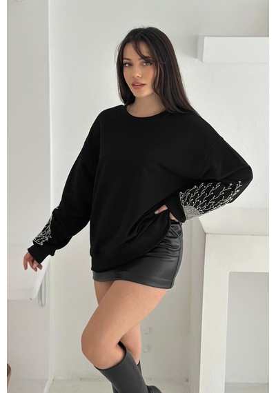 Femelle Siyah Kolları Boncuk Ve Taş İşlemeli %100 Pamuk Sweatshirt - Svt10