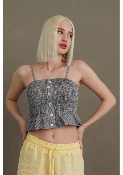 Madmext Siyah Ayarlanabilir Askı Pötikareli Crop Mg2371 Siyah