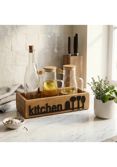 Ahşap Mutfak Organizeri Yağdanlık Standı Kitchen Yazılı Tezgah Üstü Şişe Düzenleyici