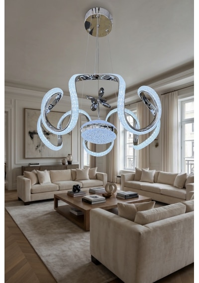 Eliza Tek Top Simli Modern Sarkıt Oturma & Salon Led Avizesi Krom