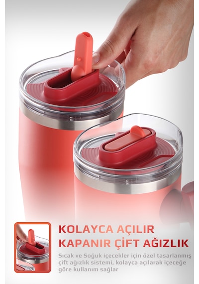 Neoflam Fika Lumi Patentli Döner Kulplu Sızdırmaz Çift Ağızlıklı Çelik Termos 950 Ml Kırmızı