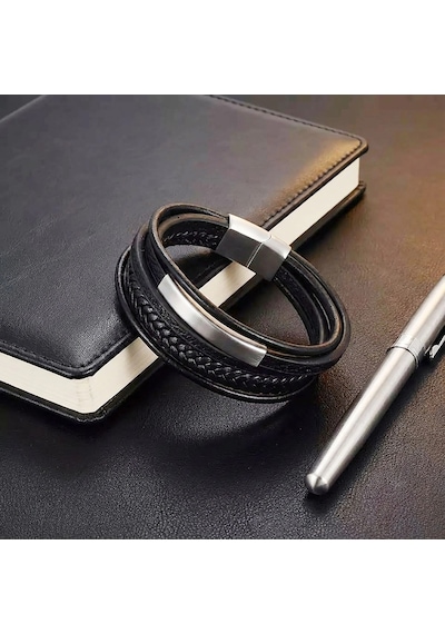 Moncuk Design İsim Yazılabilir Çoklu Deri Çelik Bileklik Beyaz 33514b28d1 Siyah