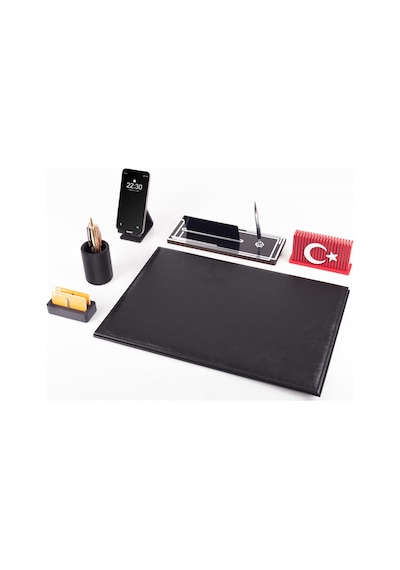 Redora Türk Bayraklı Biblolu Gümüş Renk Deri Ofis Sümen Seti İsme Özel Masa İsimliği Masaüstü Seti