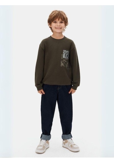 Zekids Erkek Çocuk Desenli Sweatshirt-16145 Haki
