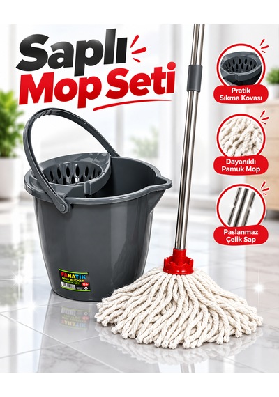 Temizlik Mop Seti - Yuvarlak Mop Ve Su Kovası Sıkma Hazneli 12 Lt Ve Saplı Mikrofiber Mop Seti-gri Kova