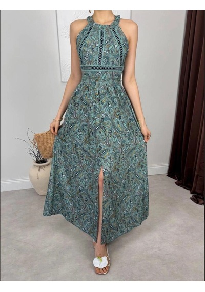 Elora Atelier Halter Yaka Sırt Dekolte Yeşil Maxi Elbise Çok Renkli