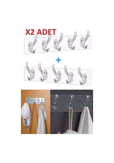 2 Adet Kendinden Yapışkanlı Güçlü Şeffaf 5li Askılık - Kapı Arkası Mutfak Duvar Banyo