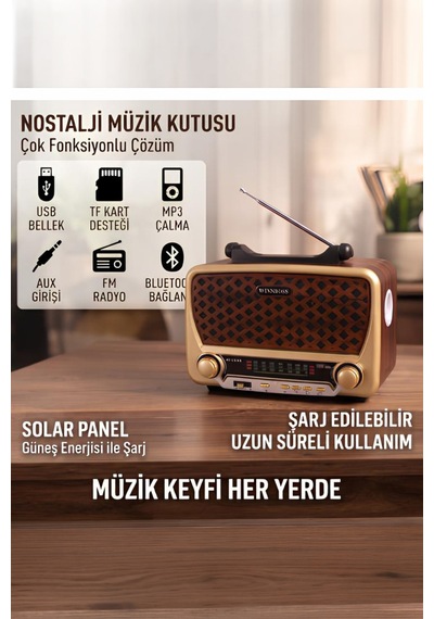 Retro Nostaljik Müzik Kutusu Solar Güneş Panelli Şarjlı Bluetooth Radyo Led Fener Aux Ve Usb/sd Mp3 Çalar Yg-1183us-bt