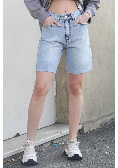 Madmext Buz Mavisi Yüksek Bel Regular Fit Basic Kot Şort Mg1495 Buz Mavisi