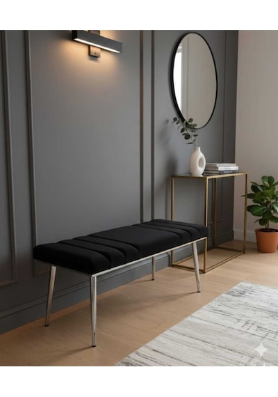 Özcan Metal Krom Metal Ayaklı Metal Kasalı Bench Mutfak Salon Antre Yatak Odası Balkon Puf Bank Siyah