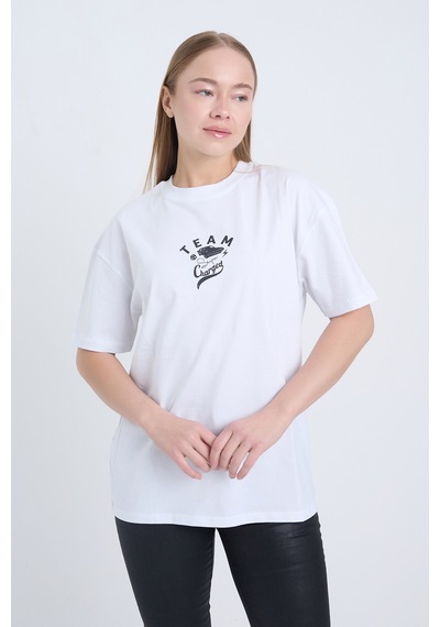 Kadın Oversize Baskılı T-shirt Beyaz Team Beyaz