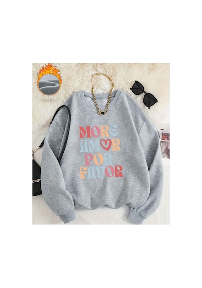 Herkesemoda More Amor Baskı Desen Detaylı Bisiklet Yaka Sweatshirt Gri