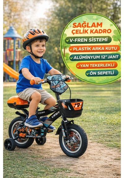 Tiger Predator 12 Jant Çocuk Bisikleti Siyah Turuncu Sepetli Yan Tekerlekli Arka Kutulu 9.50 Kg