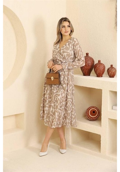 Dip Moda Kadın Midi Boy Desenli Şifon Elbise Dprssn32 BEJ