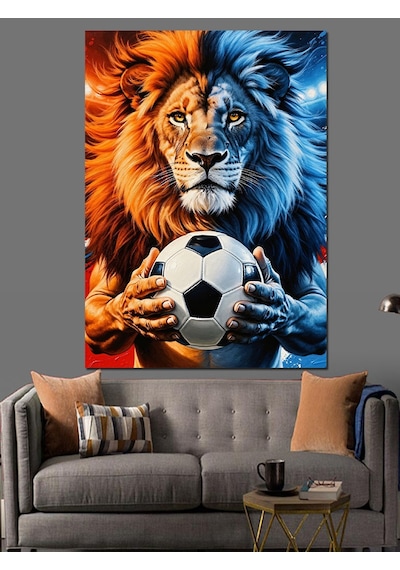 Ahşap Tablo Futbol Topu Tutan Aslan