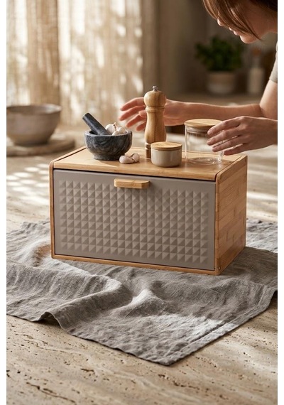 Atbyhome Çift Açılır Kapaklı Doğal Bambu Ekmek Kutusu 35.5x23.5x21 Cm - Mat Metal Kapaklı Tezgah Üstü Ekmeklik Gri