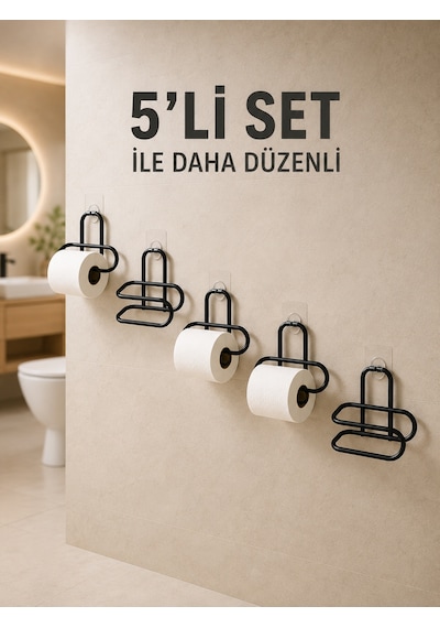 Yapışkanlı Tuvalet Kağıdı Askısı Siyah Metal Delmeden Montaj Wc Kağıtlık 5 Adet