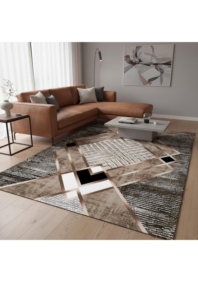 Krem Ve Bakır Renklerde Modern Geometrik Desenli Dijital Baskılı Halı Kaymaz Tabanlı, Üçgen Ve