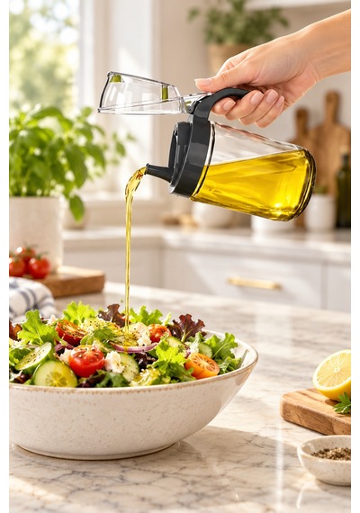 Cam Yağdanlık Ve Zeytinyağlık 660 Ml & Yaylı Otomatik Kapaklı, Sızdırmaz Yağ Şişesi Siyah - 927543623 Siyah