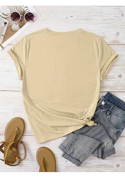 Kadın Pamuklu Ön Baskılı Papatya Kelebek Tasarım Tshirt Bej