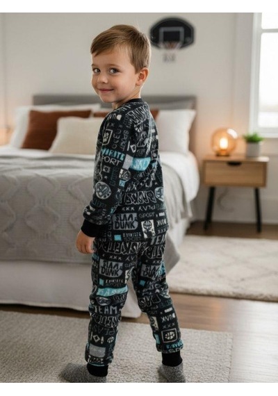 Zekids Erkek Çocuk Basketball Baskılı Polar Pijama Takımı-16815 Renklı