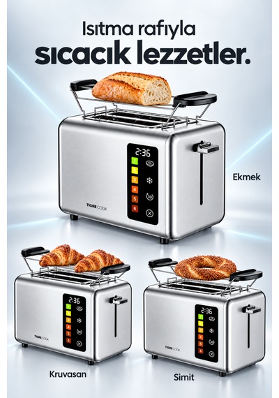 Tıgrecook 2 Dilim Kapasiteli Tost Aparatı Ve Ekmek Isıtma Raflı Dokunmatik Ekmek Kızartma Makinesi