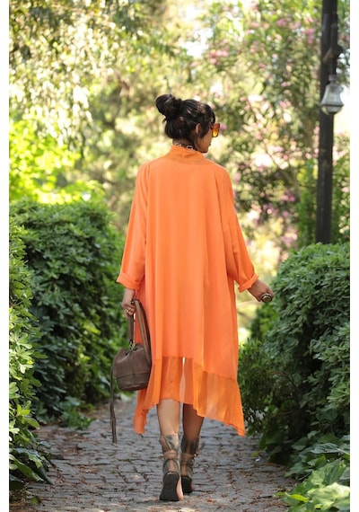 Bohem Stil Italyan Ipek Detaylı Oversize Kaftan & Bluz-8711 Oranj
