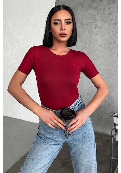 Rahat Ve Şık Kısa Kollu Bisiklet Yaka Likralı Viskon Penye Body Bordo Lisinya Çok Renkli
