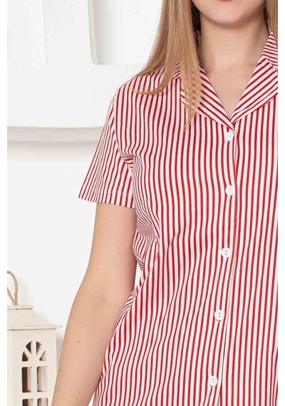 Monox Kadın Önden Düğmeli Kısa Kol Likralı Çizgili Gömlek Pijama Takımı Kırmızı