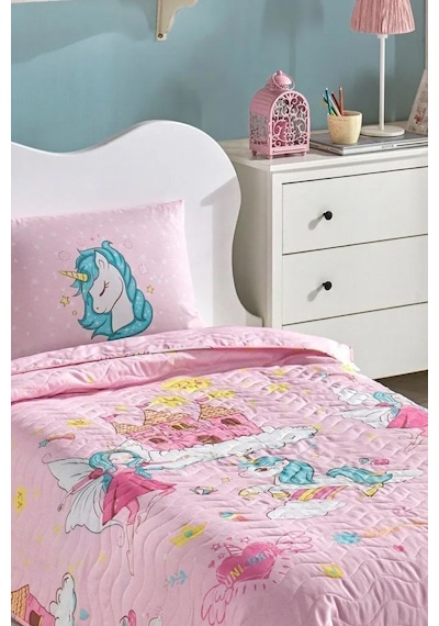 Kapitone Yatak Örtüsü Seti Tek Kişilik Unicorn Dreams Pembe Pembe