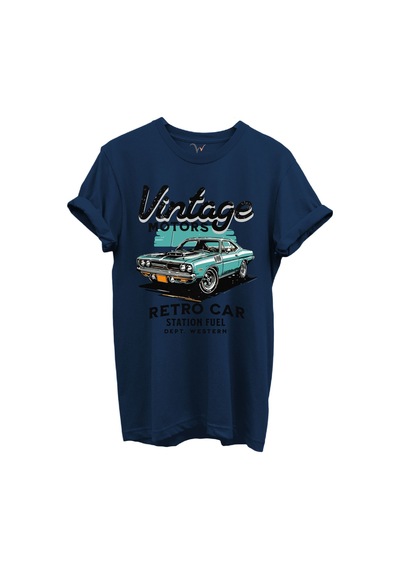 Vintage Motors Yazılı Retro Araba Baskılı %100 Pamuk Regular Fit Unisex T-shirt Lacivert